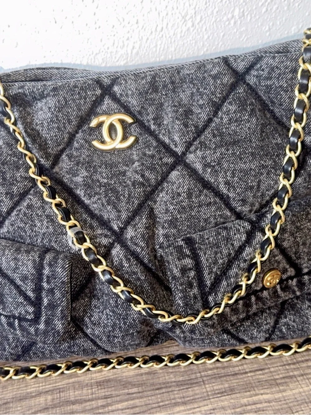 CHANEL Quilted Gray Shoulder Tote with Gold Chain Trim